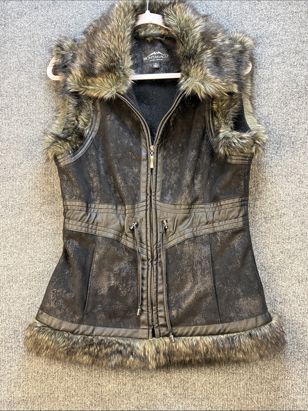 Montanaco Women's Black Faux Fur-Trim Hooded Vest Size Small